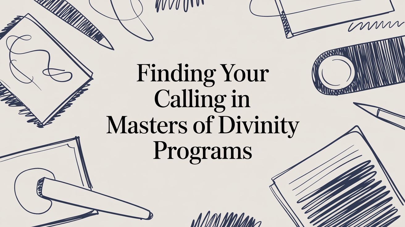 Banner image featuring blue sketch-style drawings of notebooks, pencils, and stationery on a light background, centered around the title “Finding Your Calling in Masters of Divinity Programs,” representing theological education and academic preparation.