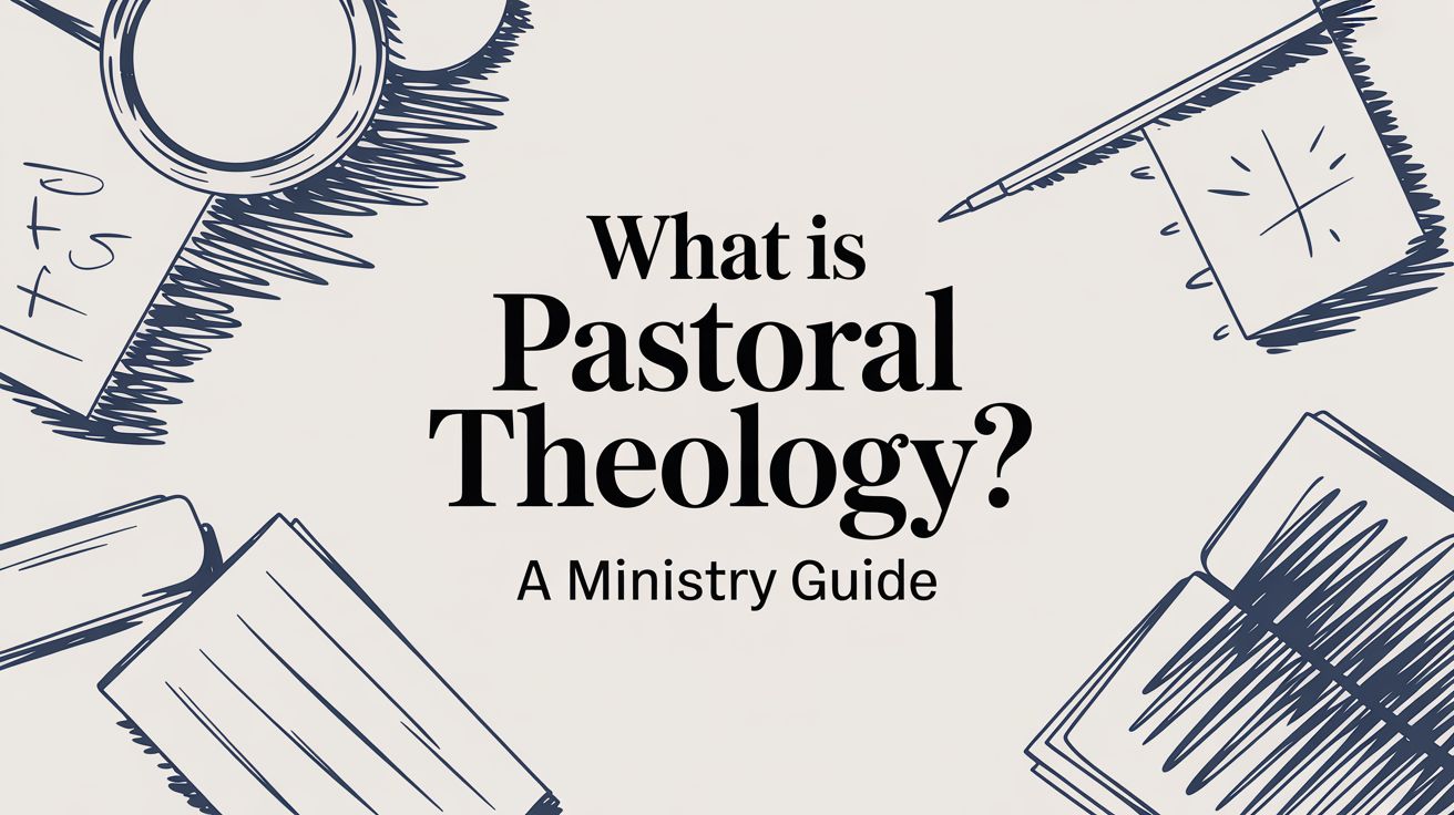 Illustrated graphic with hand-drawn sketches of books, papers, and ministry-related symbols surrounding the centered title text ‘What is Pastoral Theology? A Ministry Guide’ on a light background.