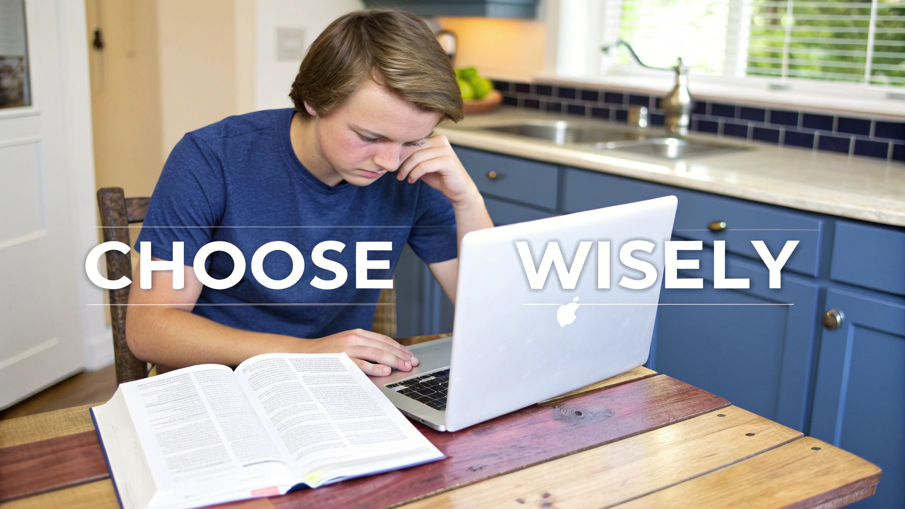 A young man studies with a laptop and open book, with "CHOOSE WISELY" text.
