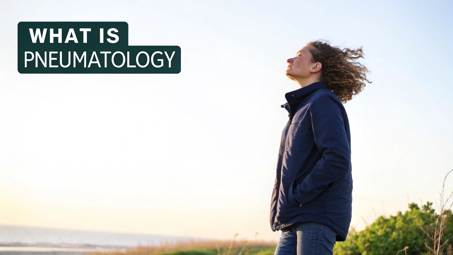 A person with curly hair looks up at a bright, clear sky, with the text 'WHAT IS PNEUMATOLOGY'.