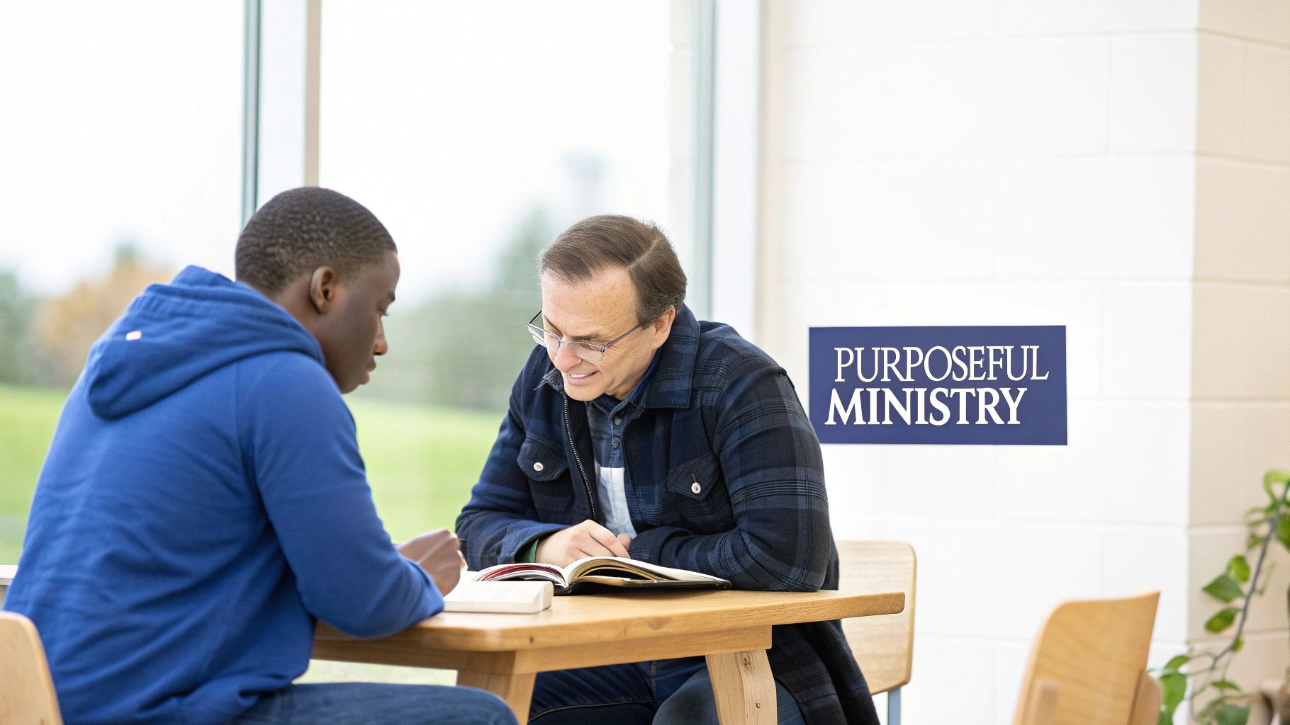 Two men studying Bible together at wooden table discussing purposeful ministry and theological education