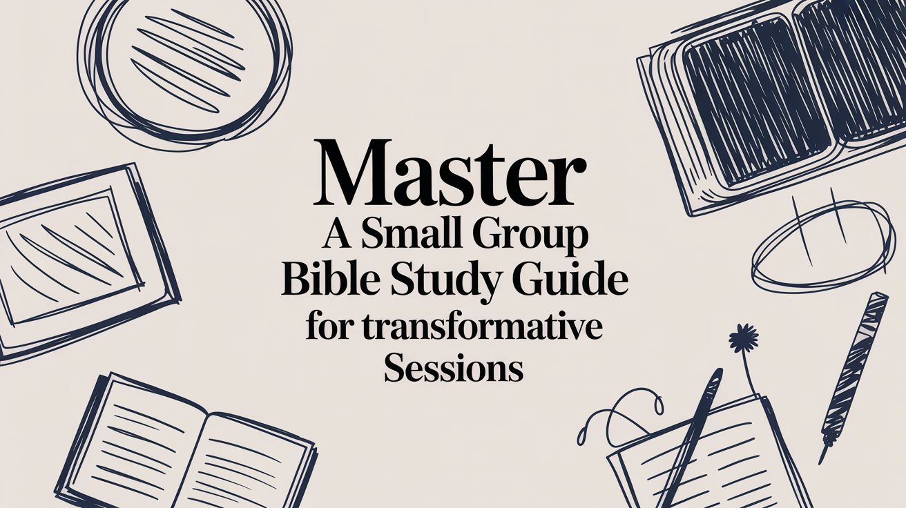 Graphic banner with sketch-style illustrations of books, pens, and Bible study materials surrounding the title ‘Master: A Small Group Bible Study Guide for Transformative Sessions.