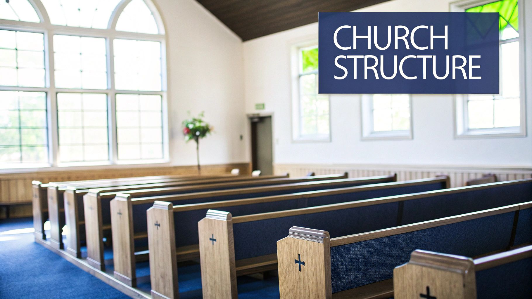 Rows of empty wooden church pews with blue cushions, illuminated by sunlight through large windows.