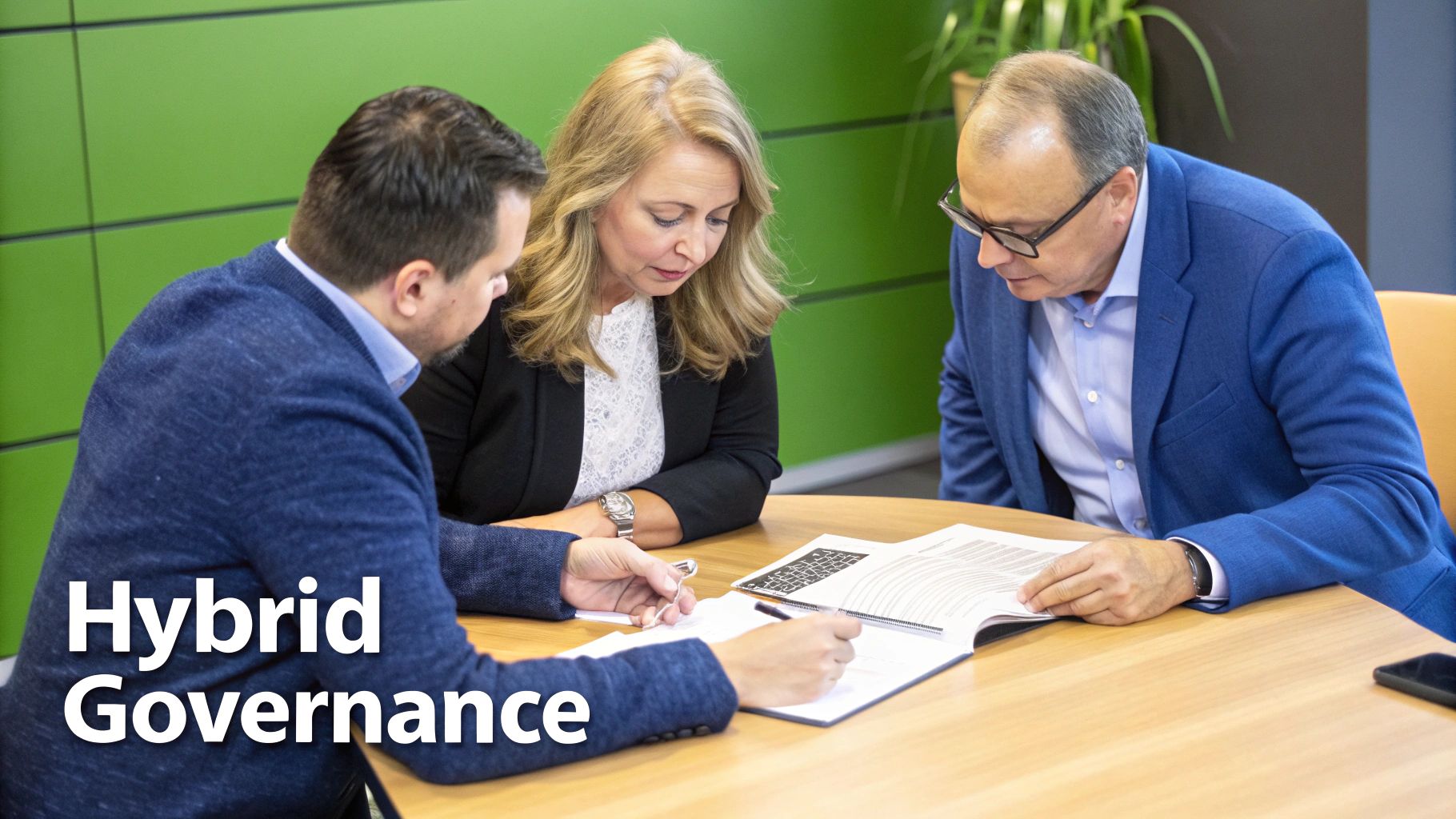Three business professionals discussing documents and writing at a table in a modern office.
