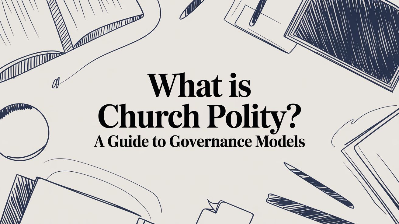 Illustrated graphic with hand-drawn sketches of books, papers, and writing tools surrounding centered text that reads ‘What is Church Polity? A Guide to Governance Models’ on a light background.