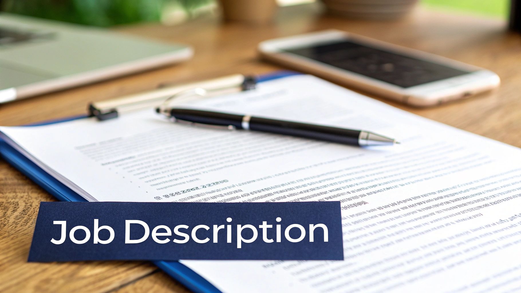 A 'Job Description' sign on a document with a pen, laptop, and phone on a wooden desk.