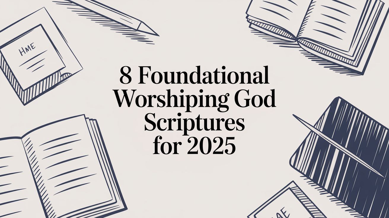 Illustrated graphic featuring hand-drawn sketches of open Bibles, notebooks, and pens surrounding centered text that reads ‘8 Foundational Worshiping God Scriptures for 2025’ on a light background.