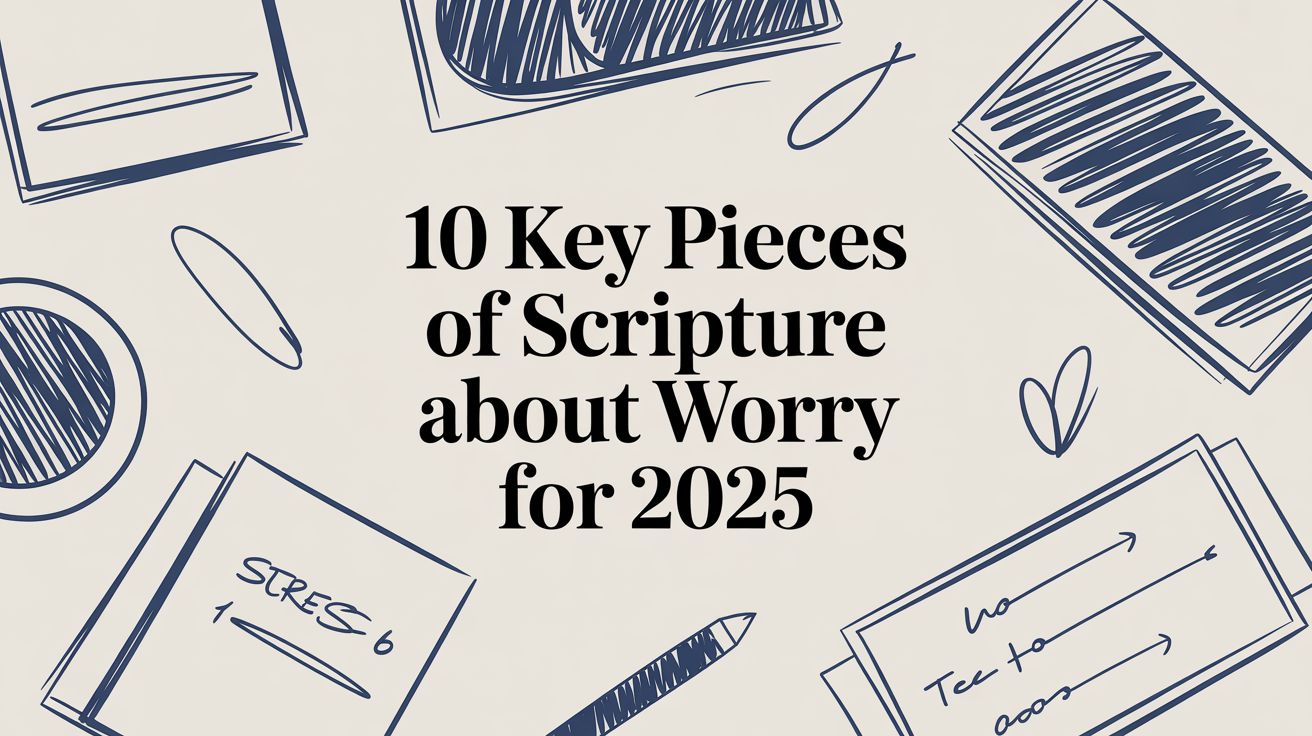 Minimalist illustrated graphic featuring notebooks, sticky notes, and pens surrounding the title “10 Key Pieces of Scripture about Worry for 2025,” designed for a Christian blog post on overcoming anxiety with Bible verses.