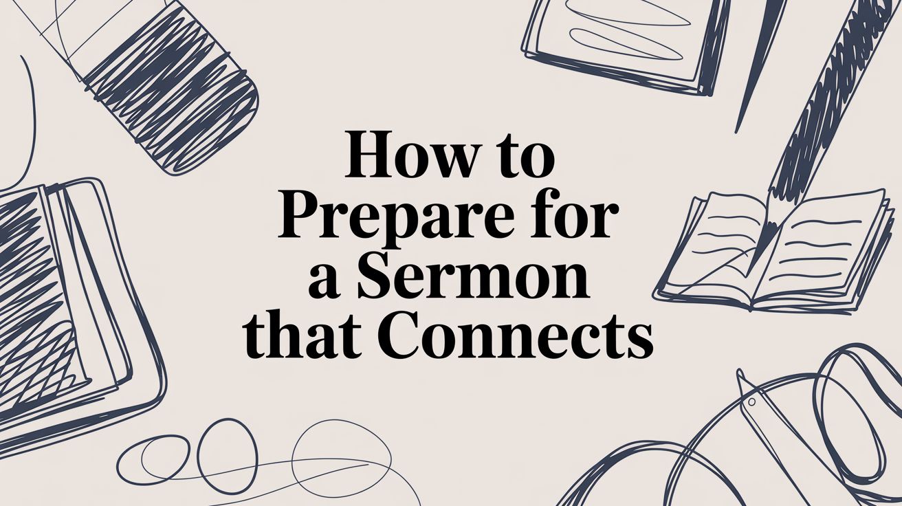 Minimalist illustrated graphic featuring notebooks, pens, and study materials surrounding the title “How to Prepare for a Sermon that Connects,” designed for a Christian preaching and sermon preparation blog post.
