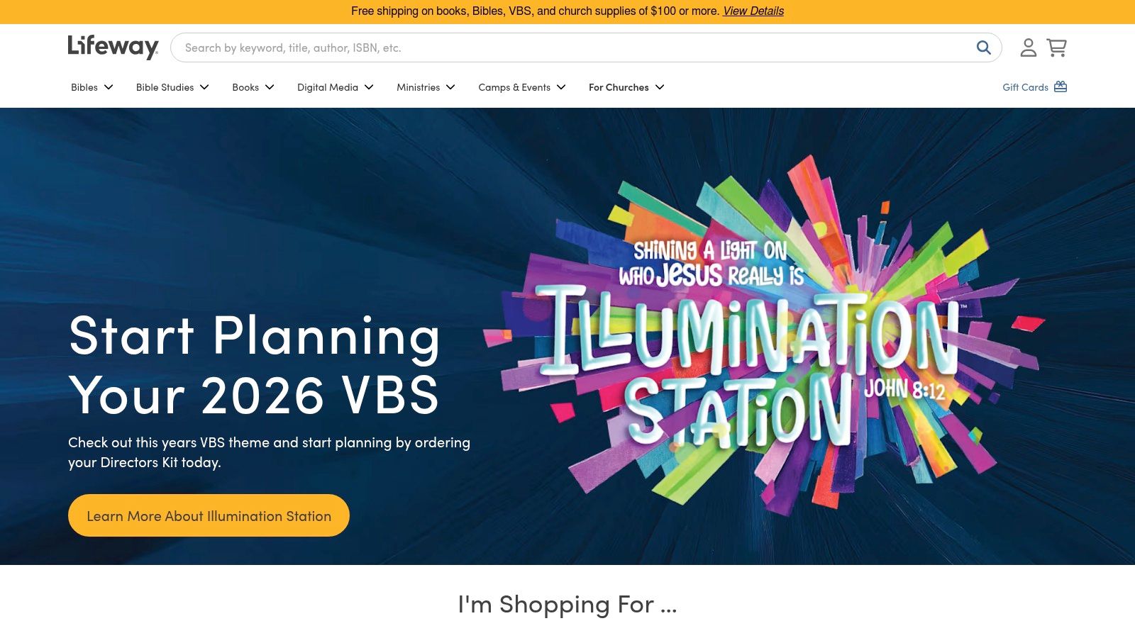 A display of Lifeway's VBS (Vacation Bible School) materials, showcasing their focus on church curriculum and bundled resources.