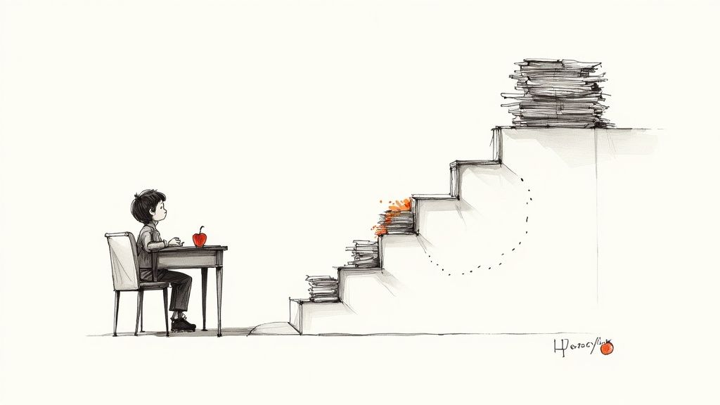 A student looking stressed while studying at a desk with books and a laptop.