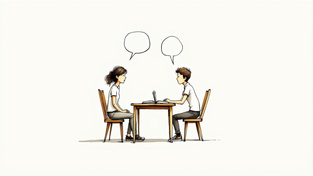 A parent and teenager having a positive, supportive conversation on a comfortable couch.