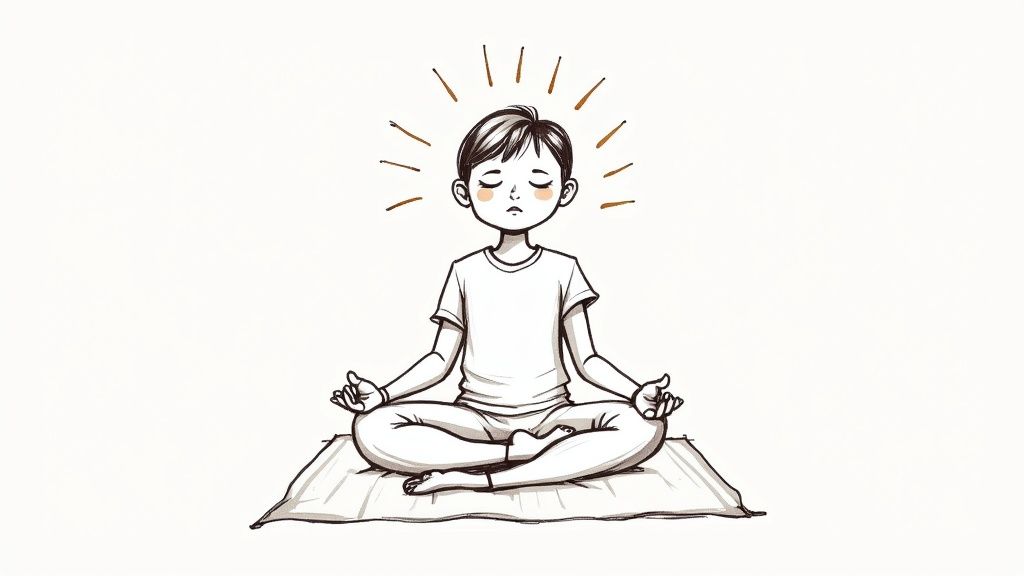 Teenager meditating outdoors with eyes closed in a peaceful setting.