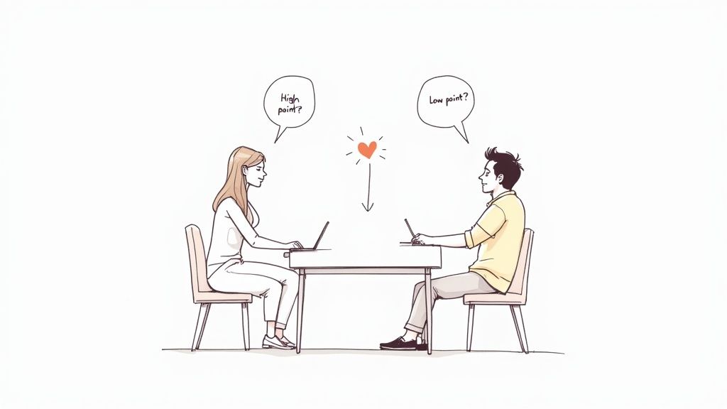 A parent and teen having a calm, supportive conversation on a couch, illustrating a safe space for emotional sharing.