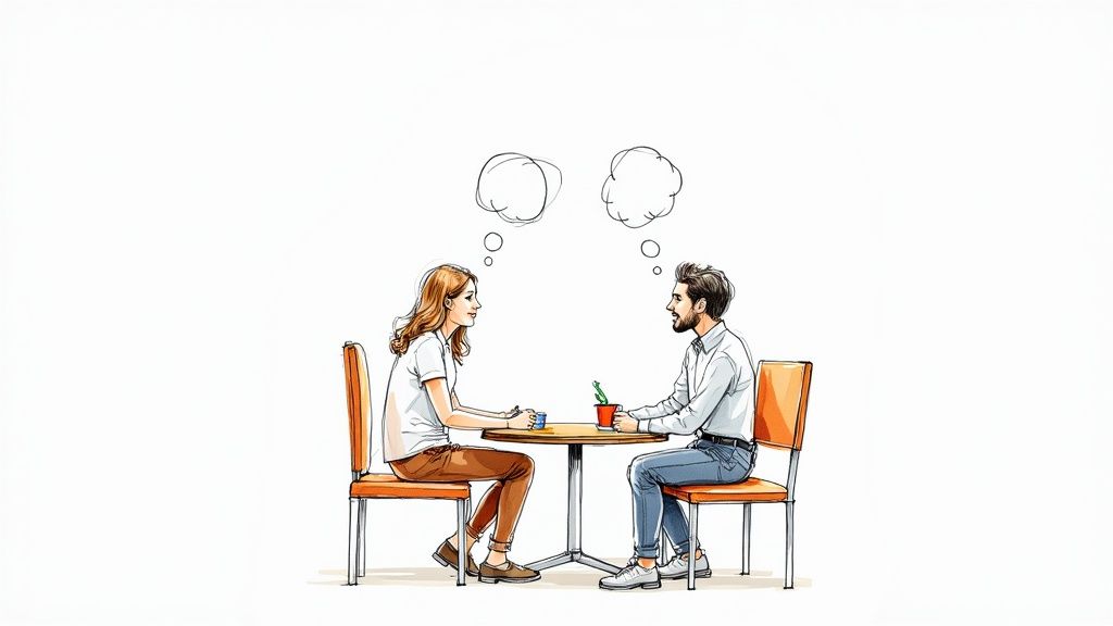 Parent and teen having a calm, supportive conversation on a sofa.