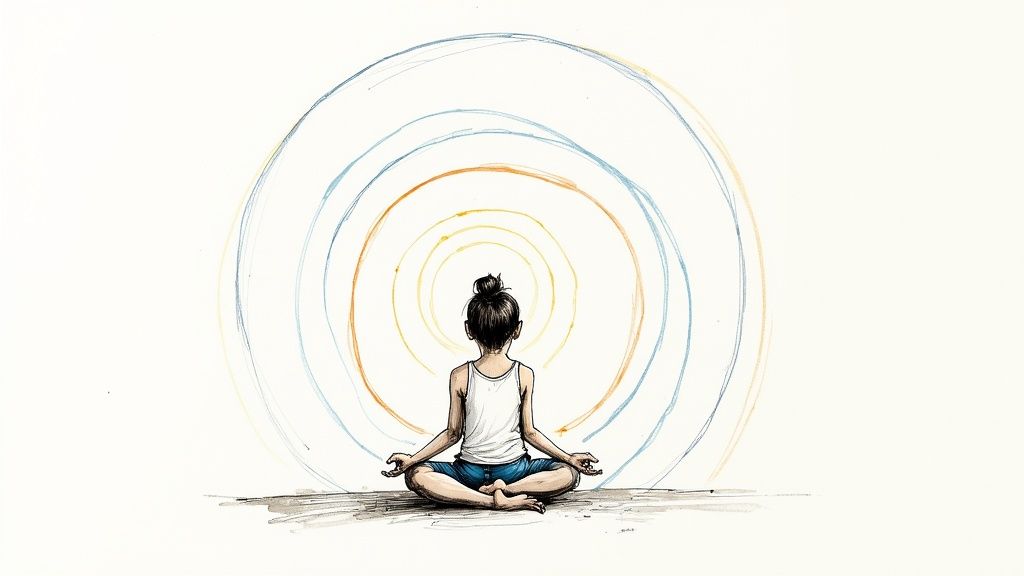 A teen sitting cross-legged and meditating peacefully in their room.