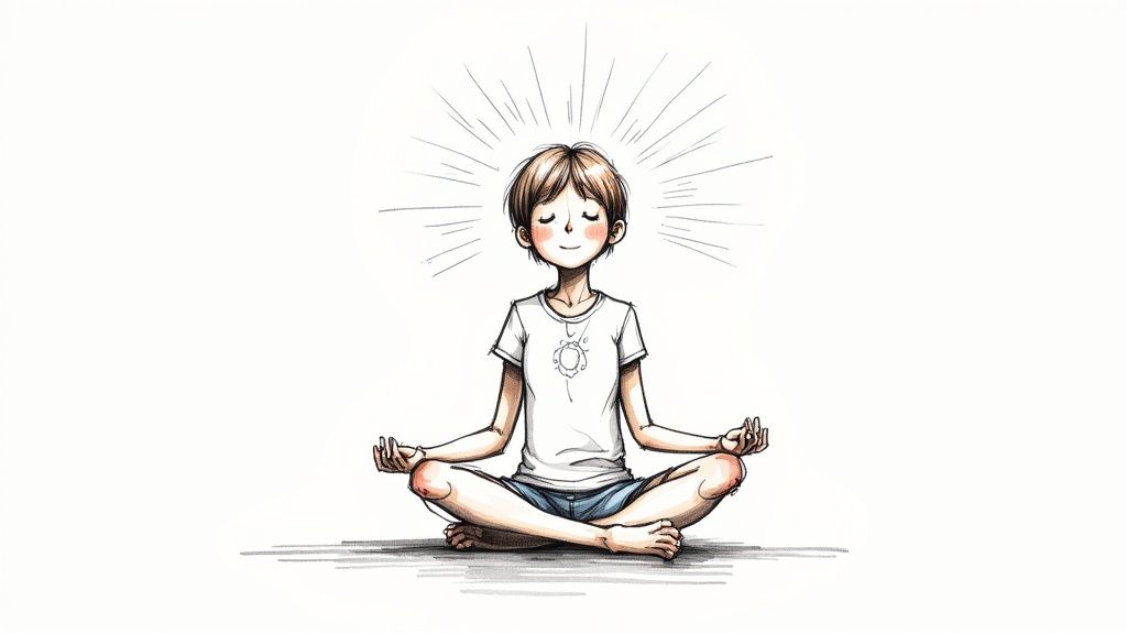 Teenager meditating peacefully in a calm setting.