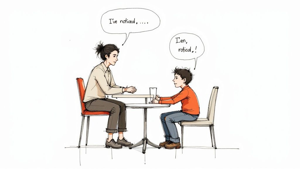 A father and son walking together and talking.