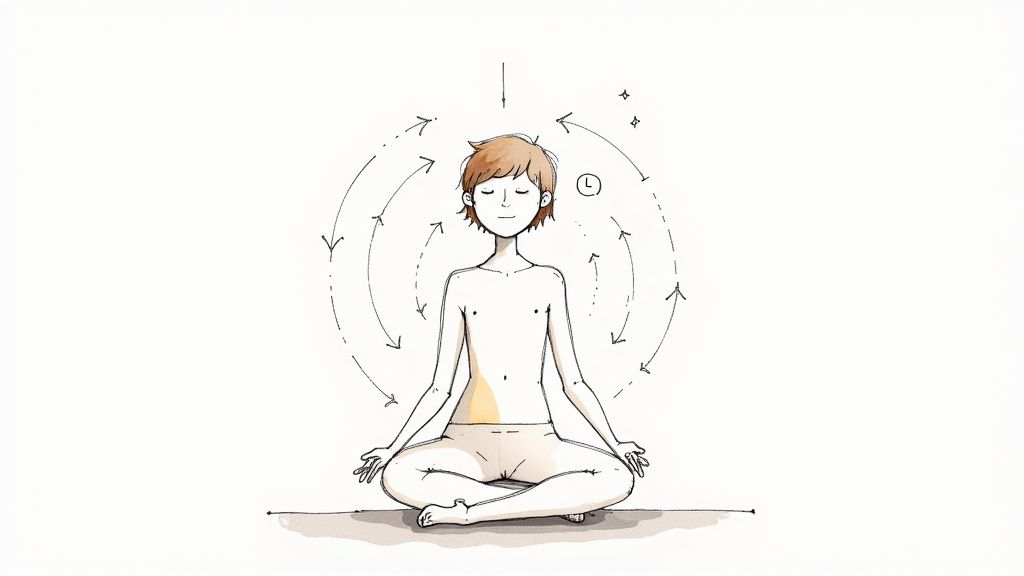 A calm teenager sitting cross-legged on the floor, meditating with eyes closed and a peaceful expression.