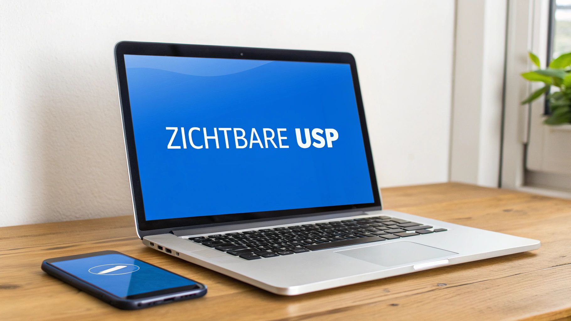Een open laptop met 'ZICHTBARE USP' op het scherm, naast een smartphone op een houten bureau.