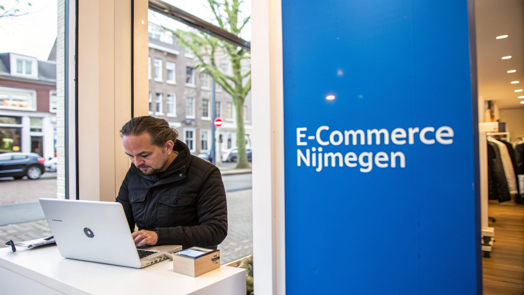 Man werkt aan laptop in kantoor van E-Commerce Nijmegen, met uitzicht op de stad.