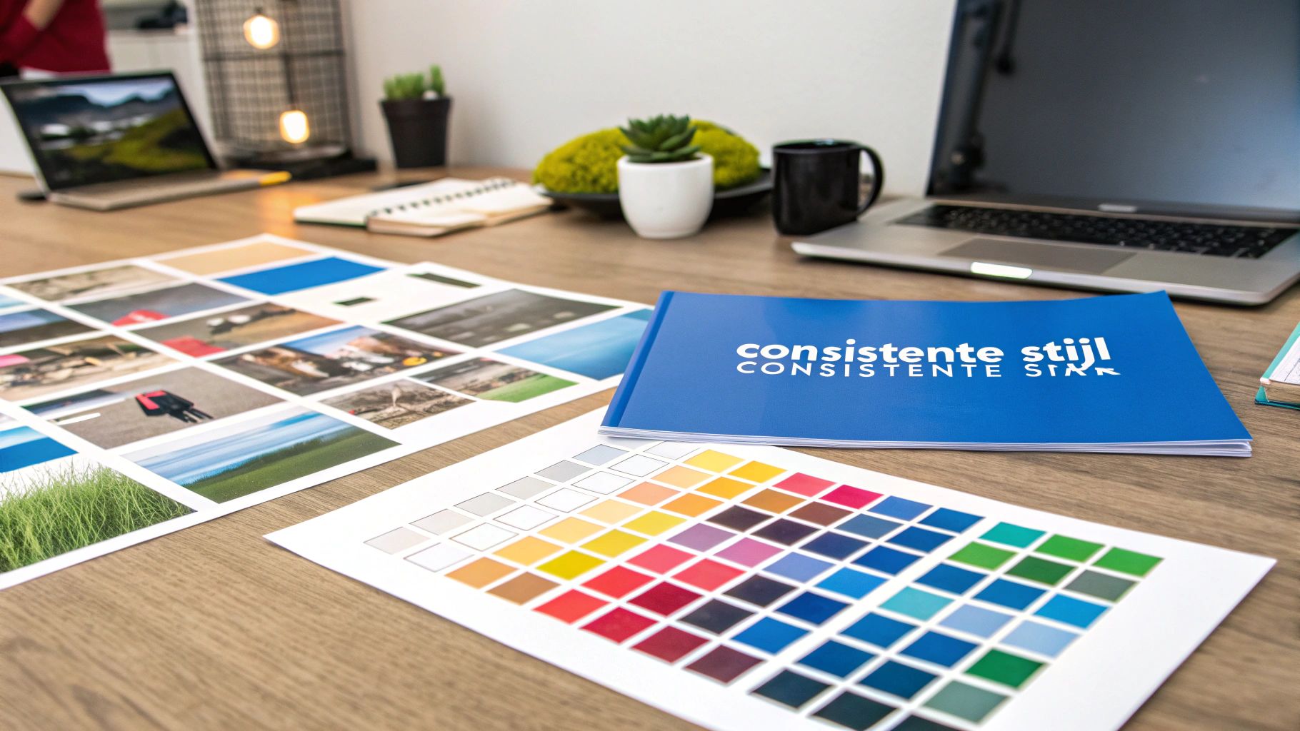 Een bureau met afdrukken van foto's, een kleurenpalet en een blauw boekje 'consistente stijl', klaar voor grafisch ontwerp en branding.