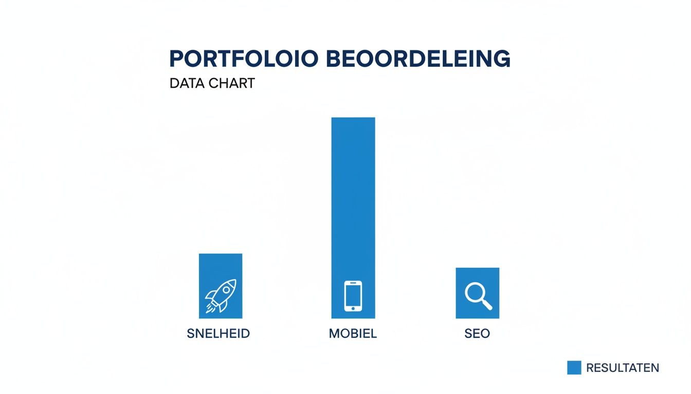 Een staafdiagram toont de resultaten van een portfoliobeoordeling voor snelheid, mobiel en SEO, met mobiel als hoogste score.
