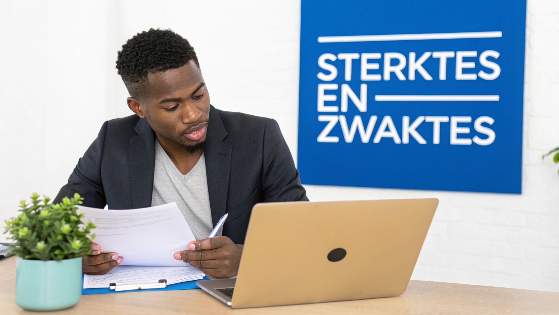 Jonge zwarte man analyseert documenten aan een bureau met laptop en een bord 'Sterktes en Zwaktes'.