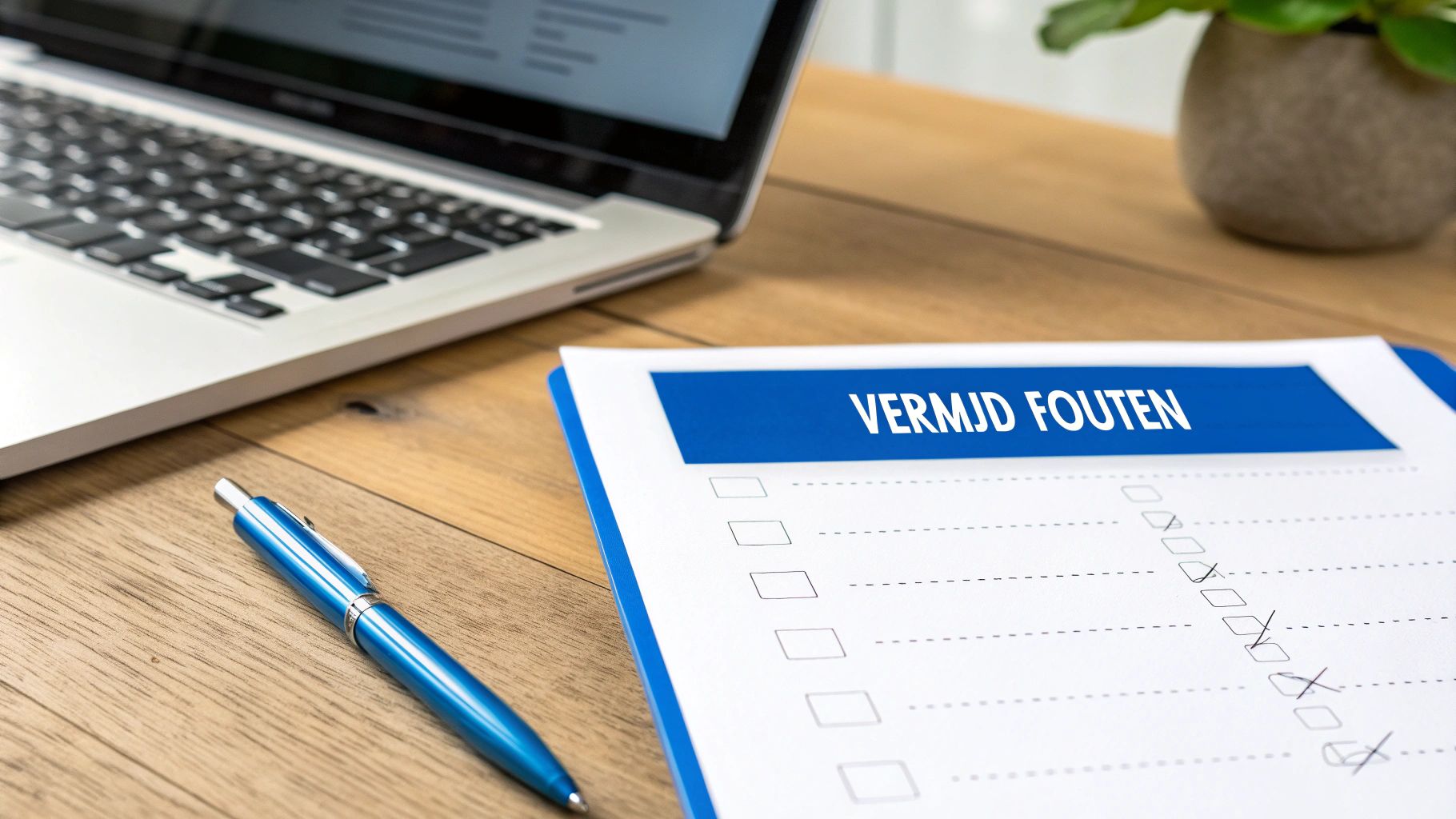 Een bureau met laptop, blauwe pen en een checklist 'VERMIJD FOUTEN' met afgevinkte items.