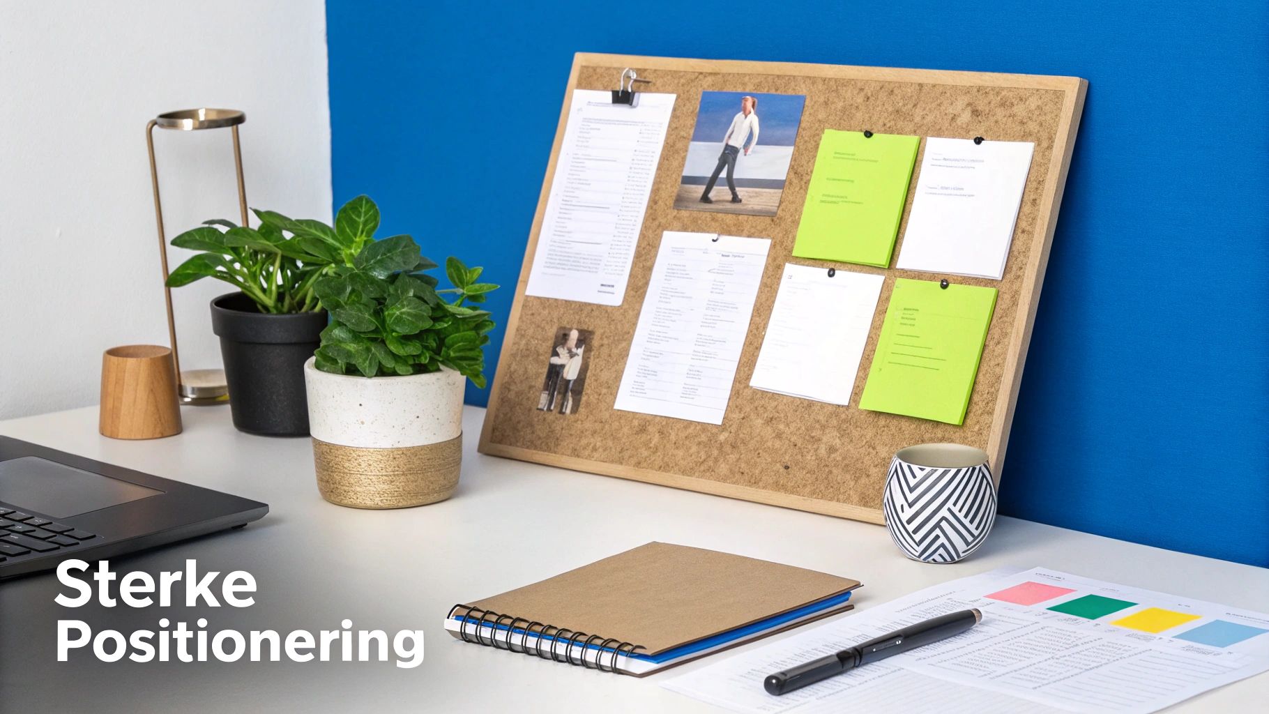 Een moderne werkplek met een prikbord, groene planten, laptop en documenten, perfect voor productiviteit.