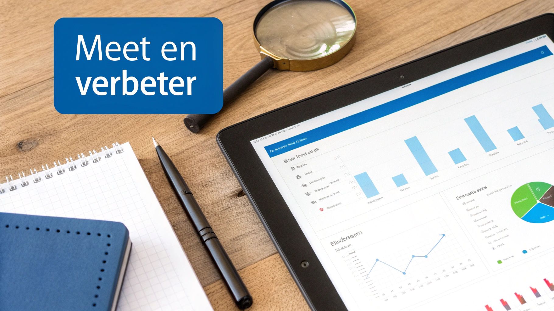 Een tablet met data-analyse, grafieken, en de tekst 'Meet en verbeter', omringd door een vergrootglas en notitieboek.
