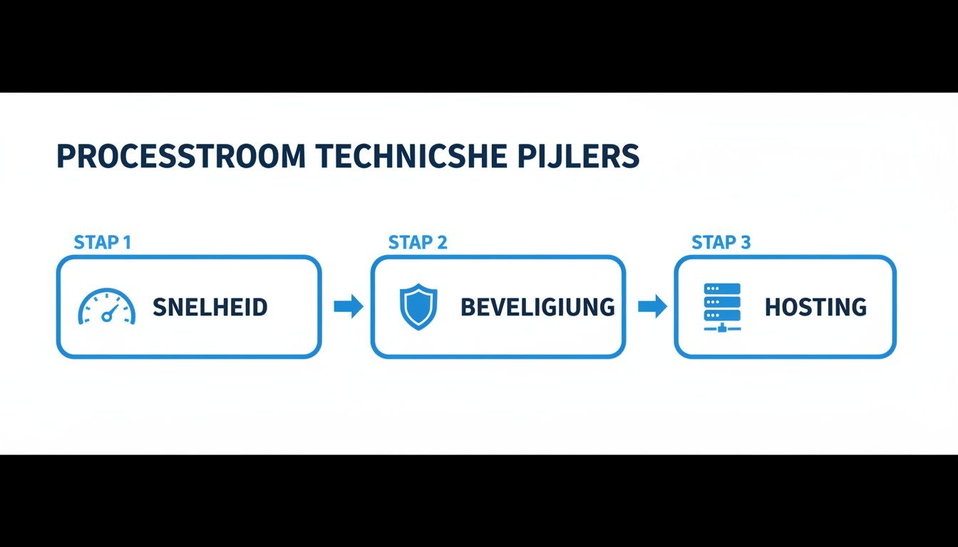 Een infographic die de drie technische pijlers van een processtroom toont: snelheid, beveiliging en hosting.