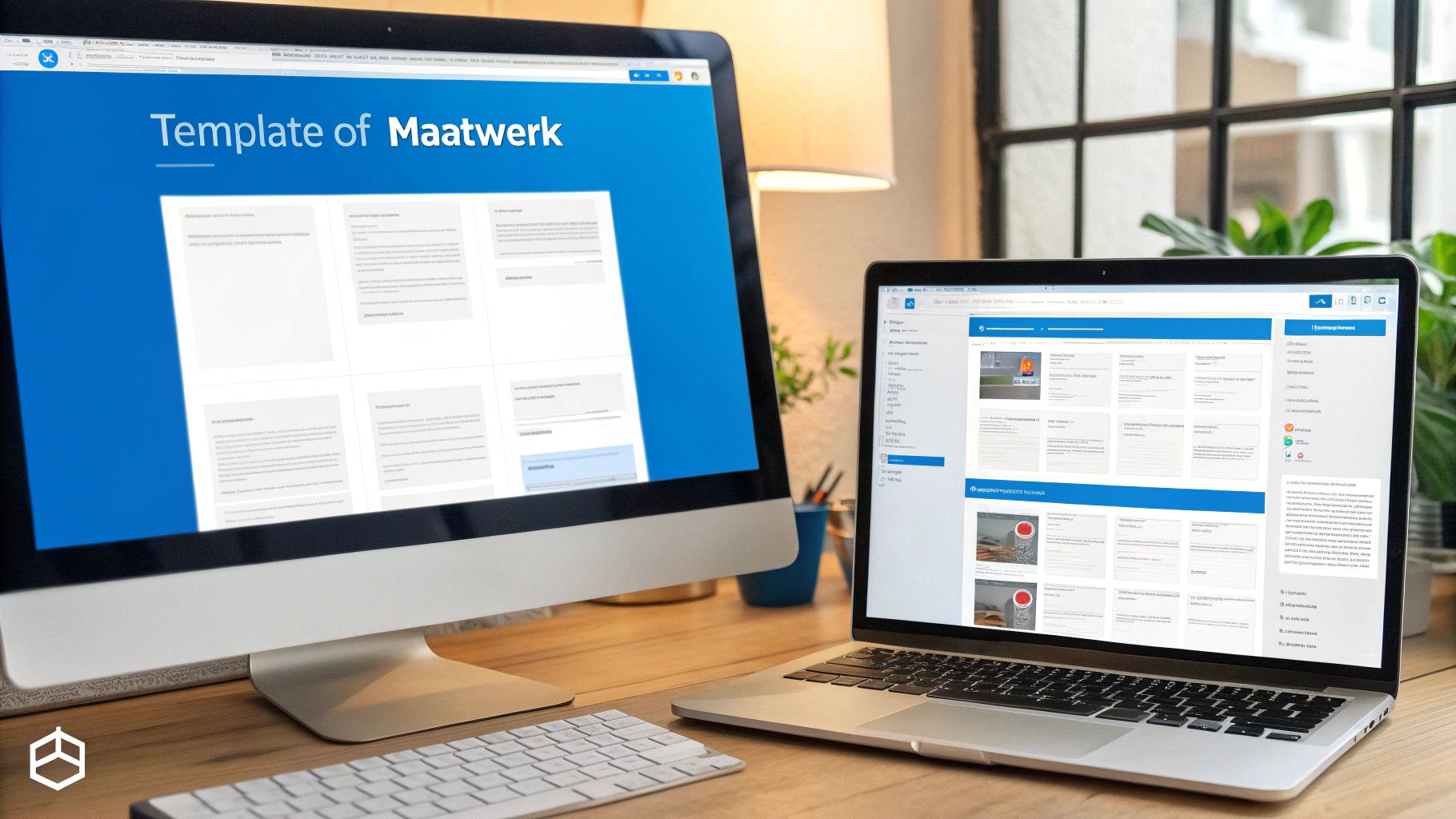 Twee computers, een desktop en een laptop, tonen professionele website-ontwerpen en sjablonen op een houten bureau.