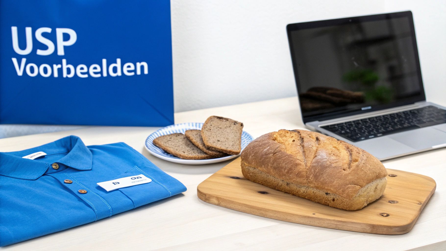 Een tafel met een blauw poloshirt, brood, een laptop en een blauwe tas.