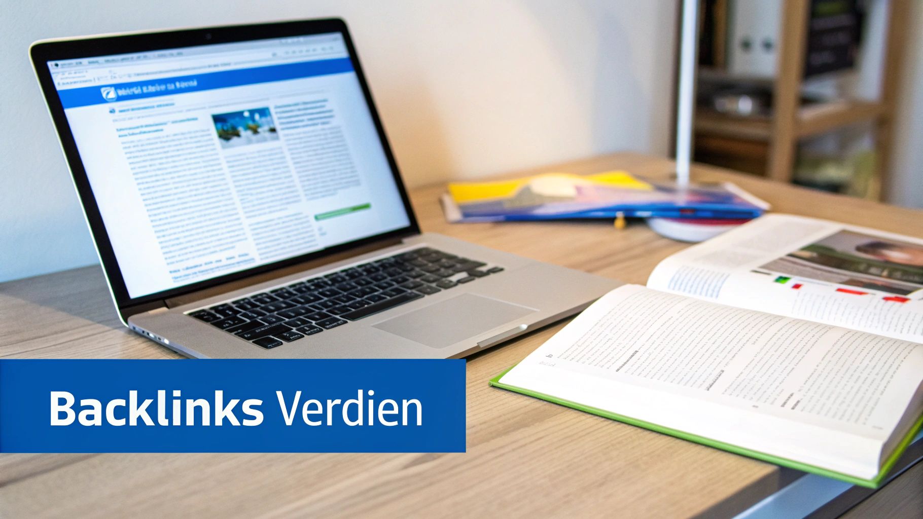 Laptop en open boek op een houten bureau. De laptop toont een webpagina met tekst en afbeeldingen, met documenten op de achtergrond.