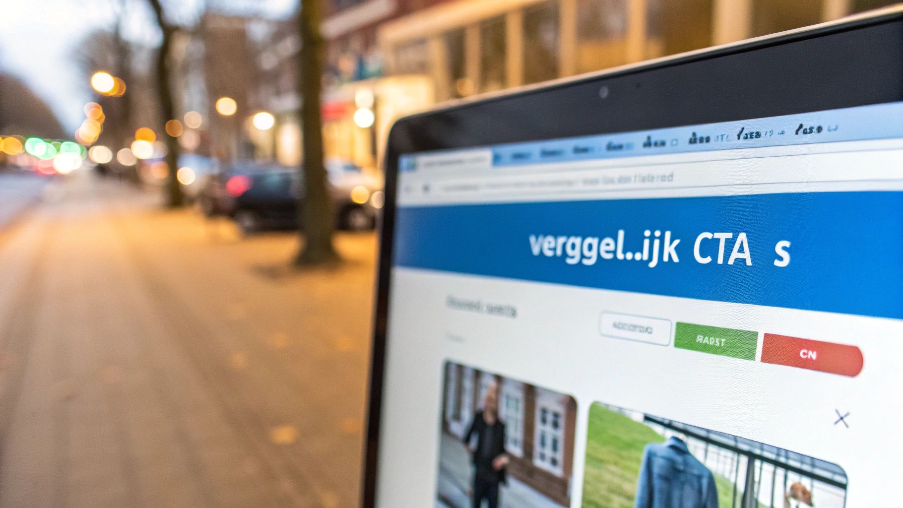 Laptop scherm toont een webpage met de tekst 'vergel..ijk CTA s' en knoppen, tegen een wazige straatachtergrond.