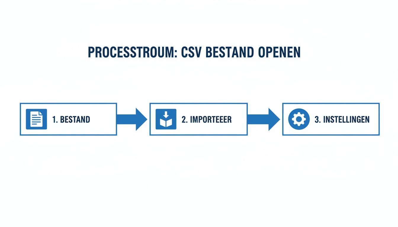 Stroomschema dat de drie stappen toont voor het openen van een CSV-bestand: Bestand, Importeer en Instellingen.