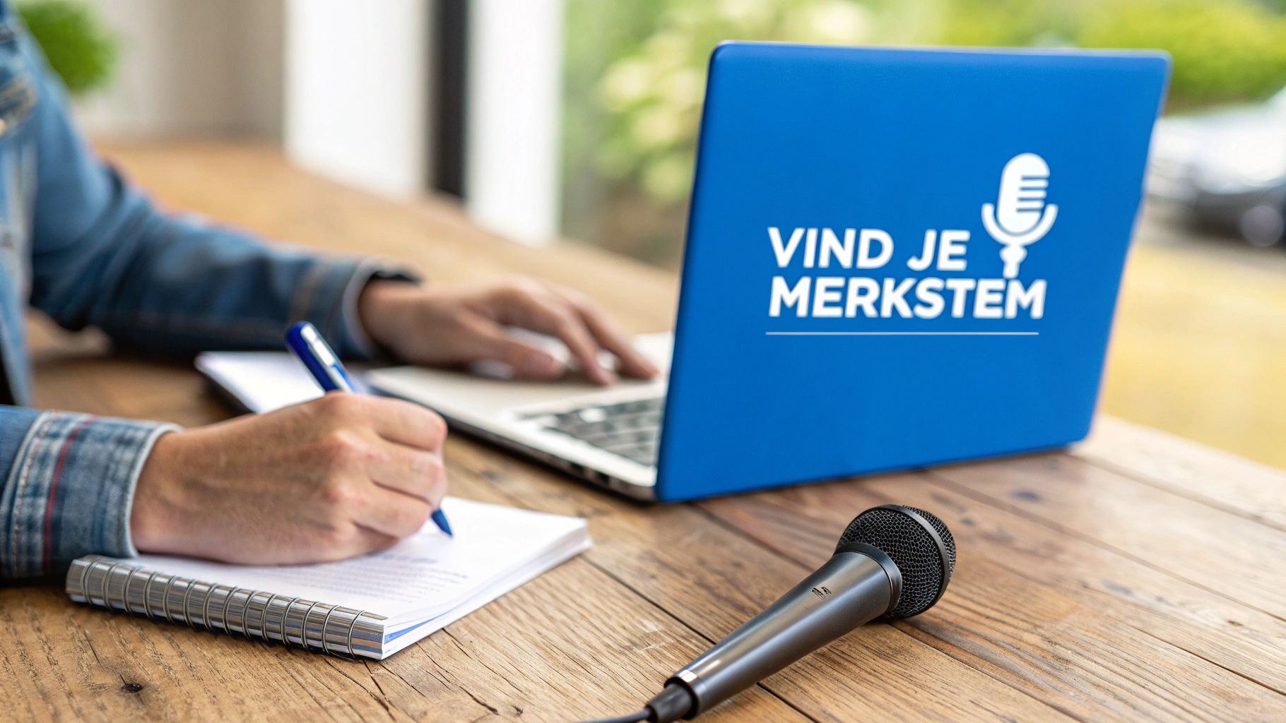 Een persoon schrijft en typt op een laptop met de tekst 'VIND JE MERKSTEM' en een microfoon op een houten tafel.