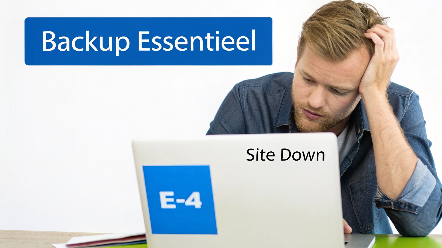 Gefrustreerde man kijkt naar zijn laptop waarop 'Site Down' staat, met een blauwe banner die 'Backup Essentieel' vermeldt.