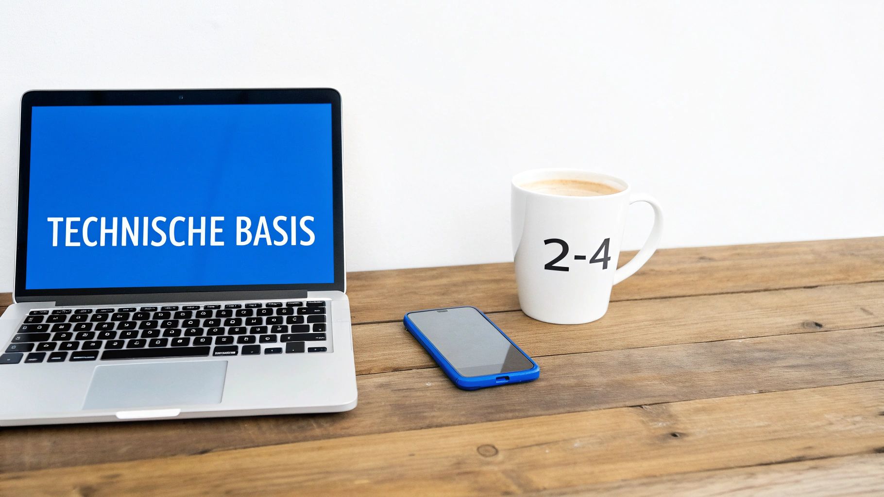 Laptop met 'TECHNISCHE BASIS' op het scherm, naast een smartphone en koffiemok op een houten bureau.