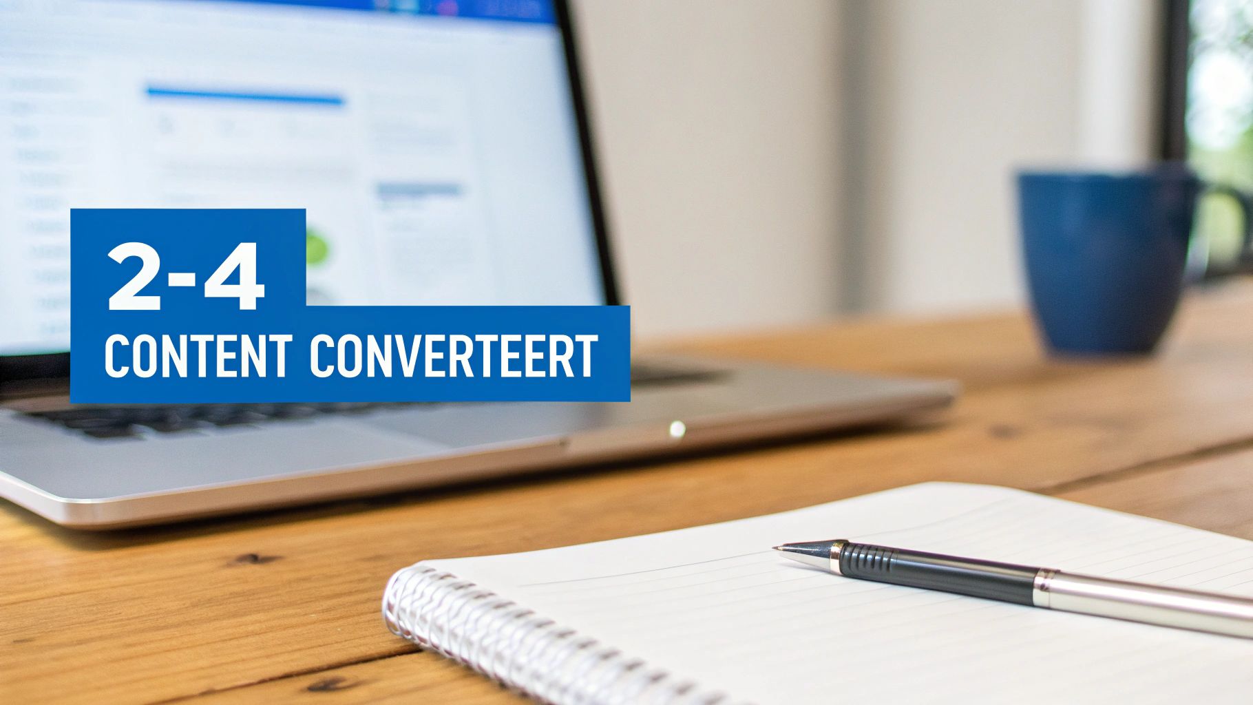 Werkplek met laptop, notitieboekje, pen en een blauwe balk met de tekst '2-4 CONTENT CONVERTEERT'.