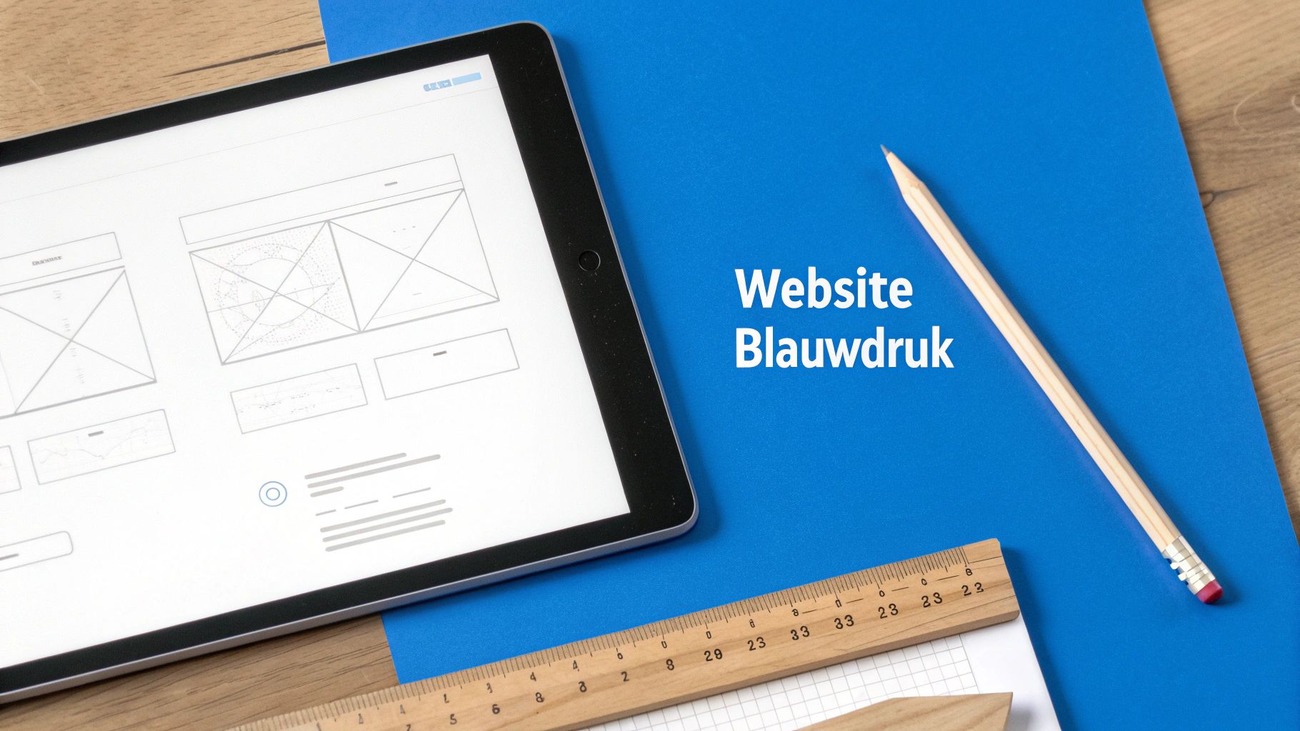 Een tablet toont website wireframes naast een blauw papier met 'Website Blauwdruk', een potlood en liniaal.
