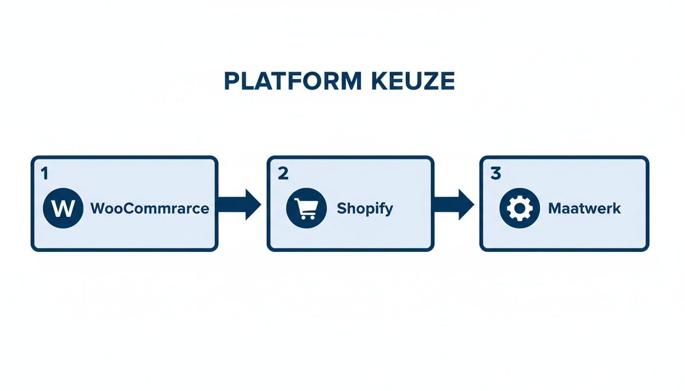 Diagram dat de platformkeuze voor een webshop weergeeft: WooCommerce, Shopify en Maatwerk als opties.