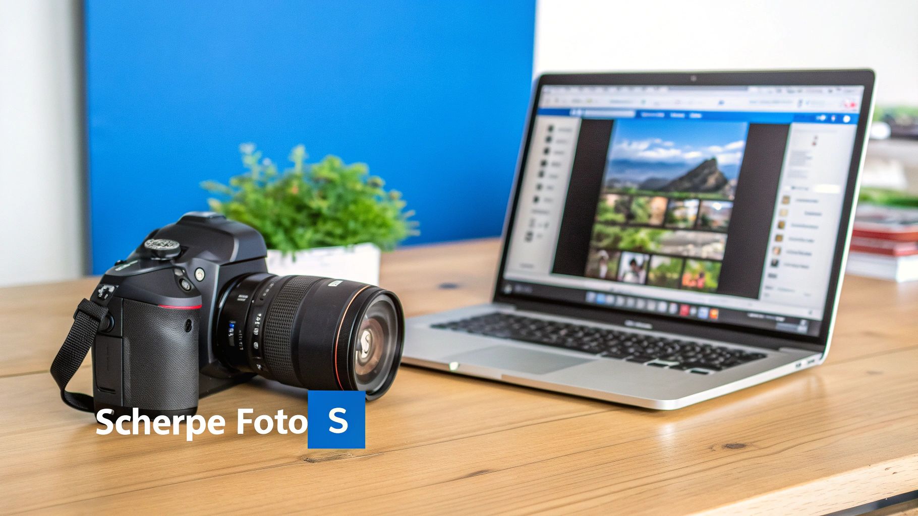 Een digitale spiegelreflexcamera en een laptop met foto's op een houten bureau, ideaal voor websitefotografie.