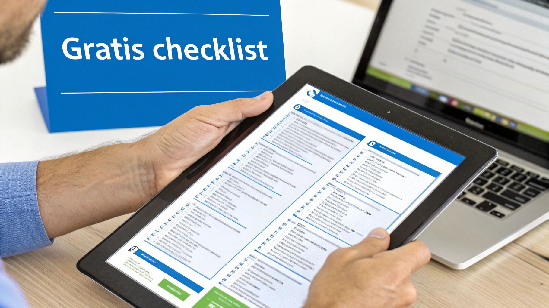 Persoon bekijkt een digitale checklist op een tablet, met een bordje 'Gratis checklist' op de achtergrond.