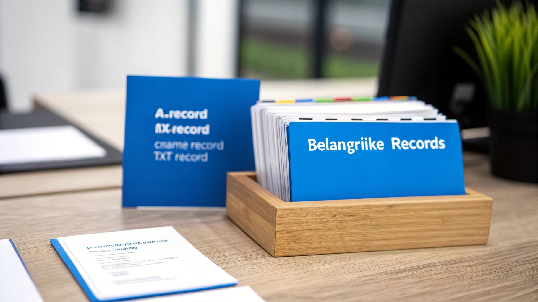 Een bureau met blauwe kaarten, waaronder 'Belangrijke Records', en een document, tegen een wazige achtergrond.