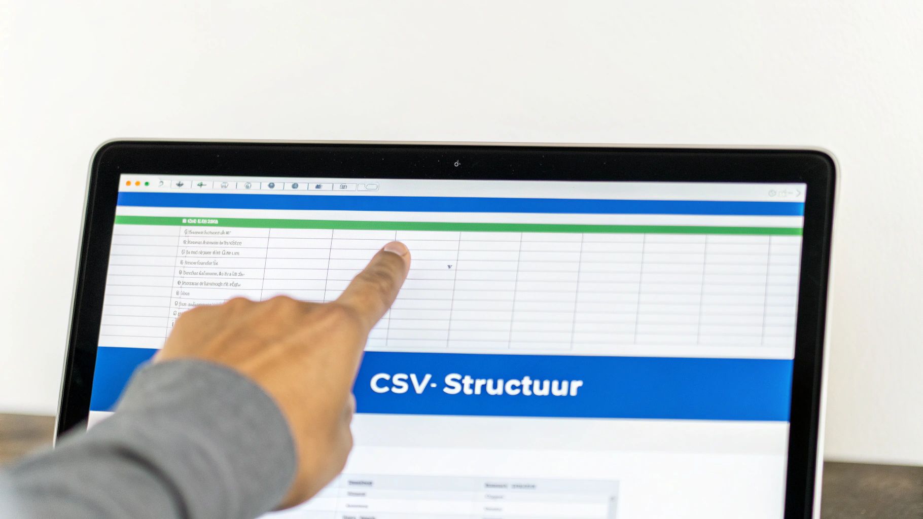 Close-up van een laptop waarop een hand naar een spreadsheet met 'CSV-Structuur' wijst.
