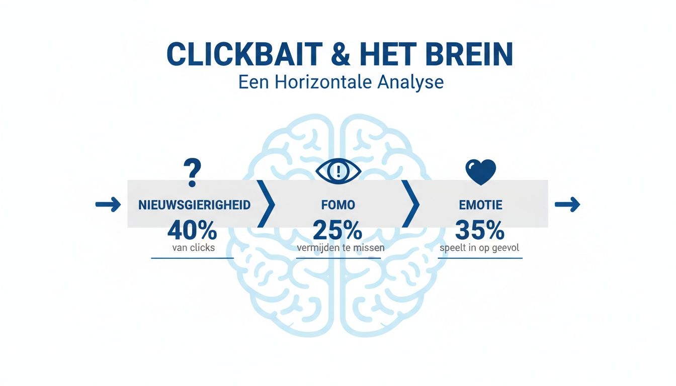 Diagram dat de invloed van clickbait op het menselijk brein analyseert, met percentages voor nieuwsgierigheid, FOMO en emotie.
