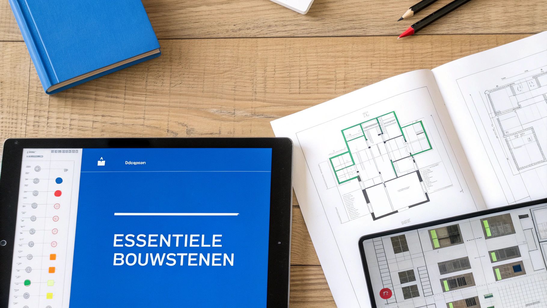 Bovenaanzicht van een houten bureau met blauw boek, potloden, tablets en bouwplannen voor architectuur.
