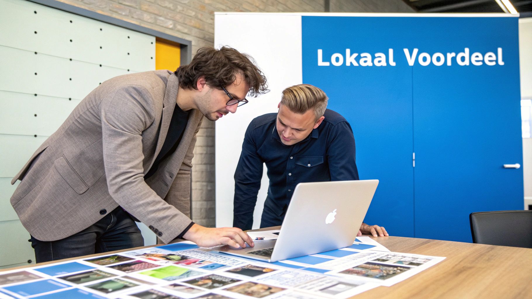 Twee mannen werken samen aan een laptop en papieren op een bureau, met 'Lokaal Voordeel' op de achtergrond.